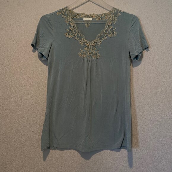 Green Lace Trim Top Size Small Y2K Maternity Boho Coastal Style - Picture 1 of 6